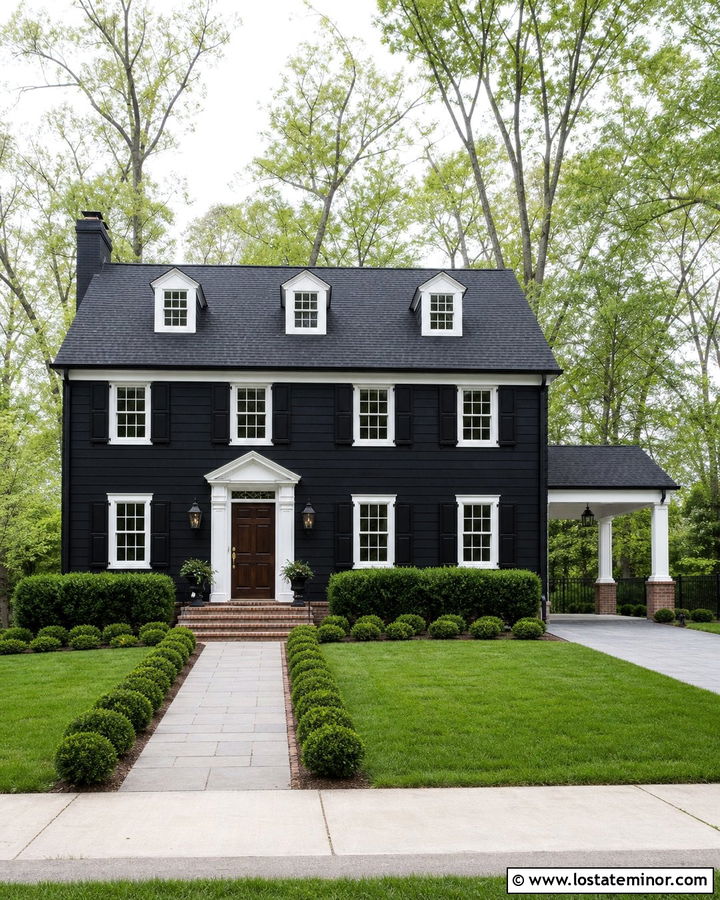 Jet Black Colonial House With Side Carport - 30 Jet Black House Design With Carport Ideas