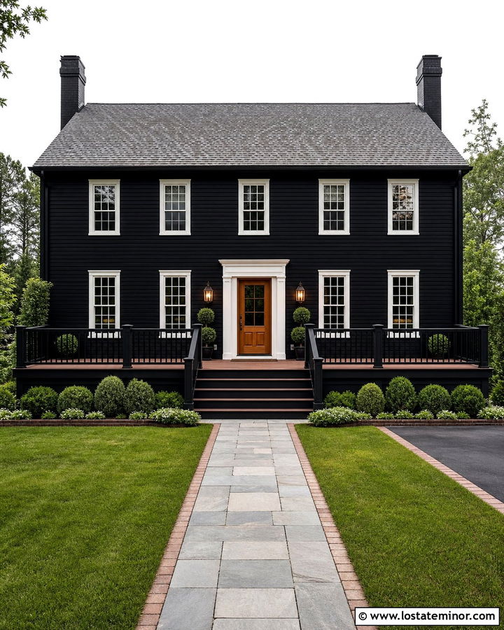 Jet Black Colonial House With Symmetrical Deck - 30 Jet Black House Design With Deck Ideas