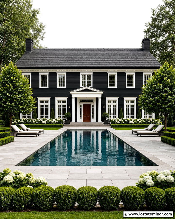 Jet Black Colonial House With Symmetrical Pool - 30 Jet Black House Design With Swimming Pool Ideas