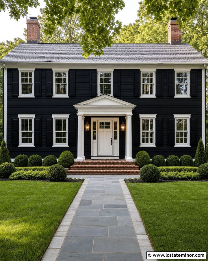 Jet Black Colonial House With Traditional Coach Lights - 30 Jet Black House Design With Light Fixtures Ideas
