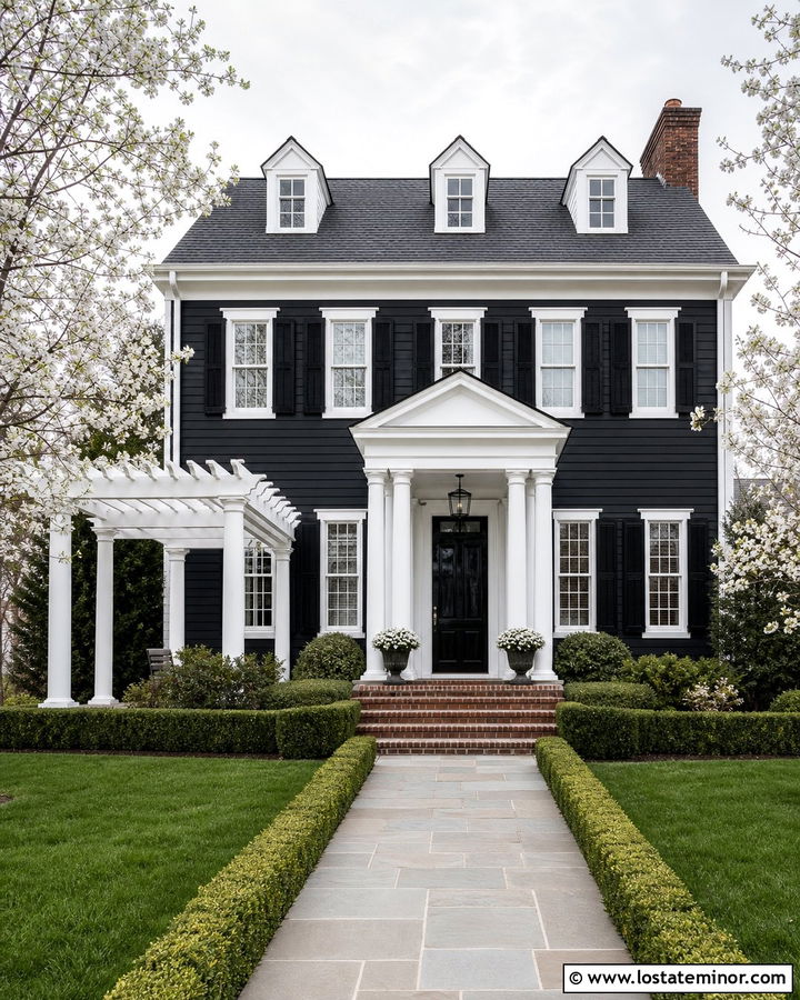 Jet Black Colonial House With White Pergola - 30 Jet Black House Design With Pergola Ideas