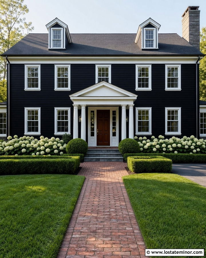Jet Black Colonial House With White Portico - 30 Jet Black House Design With Portico Ideas