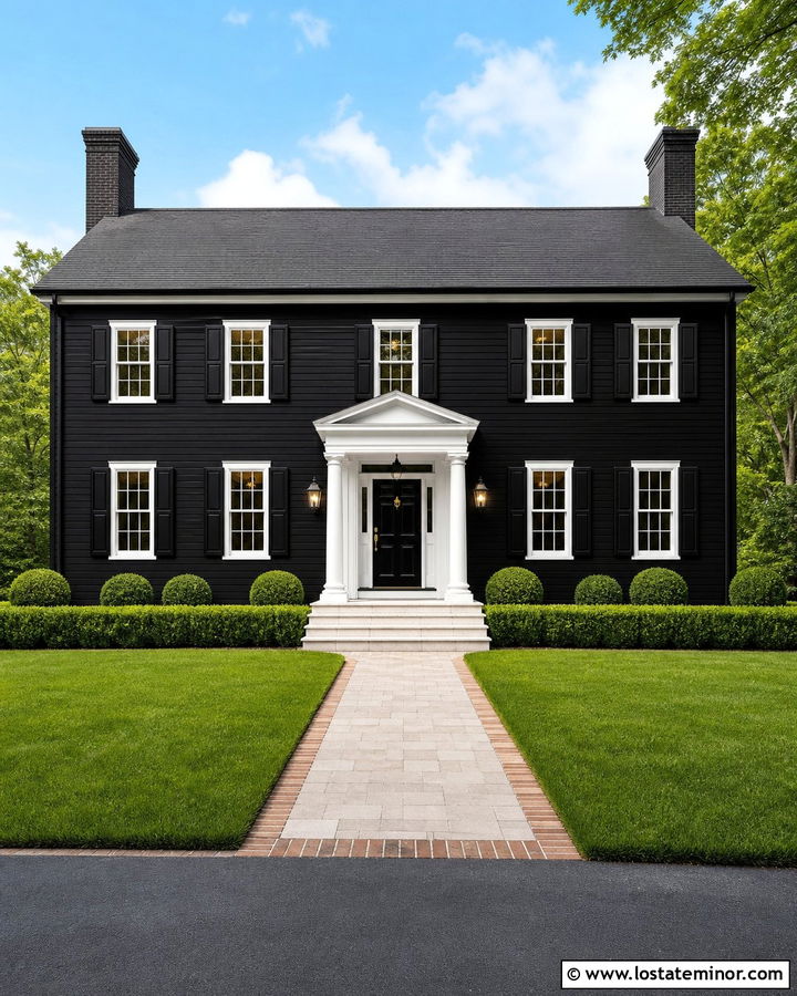 Jet Black Colonial House With White Stone Steps - 30 Jet Black House Design With Steps Ideas