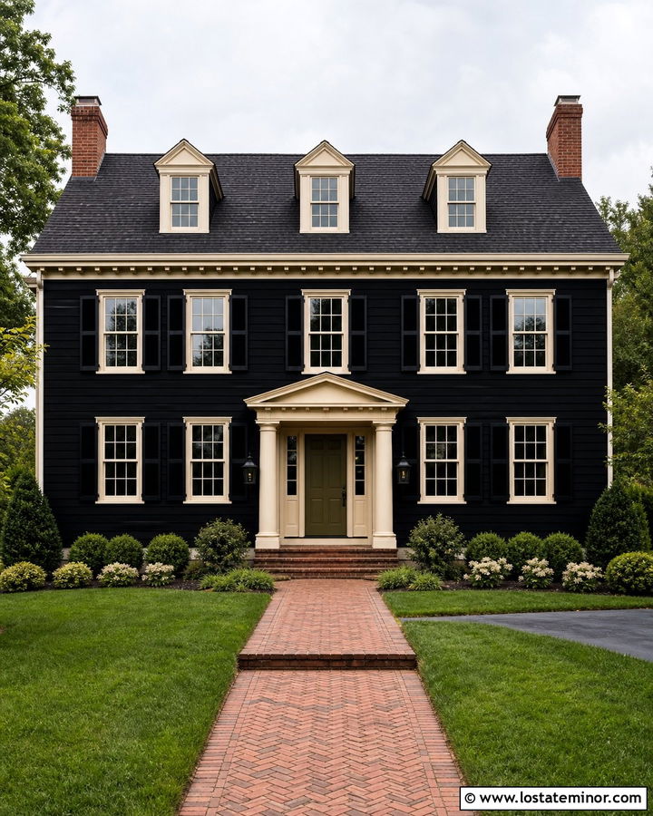 Jet Black Colonial With Soft Beige Trim - 30 Jet Black House Design With Trim Ideas