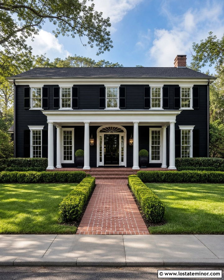 Jet Black Colonial With White Column Porch - 30 Jet Black House Design With Front Porch Ideas