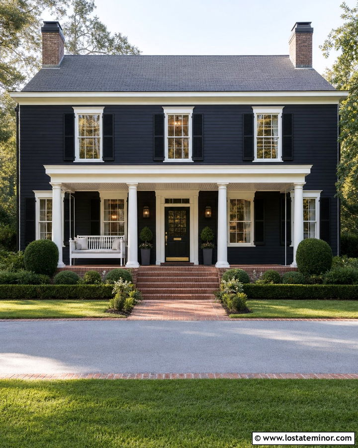 Jet Black Colonial With White Porch Daybed - 30 Jet Black House Design With Daybed Ideas