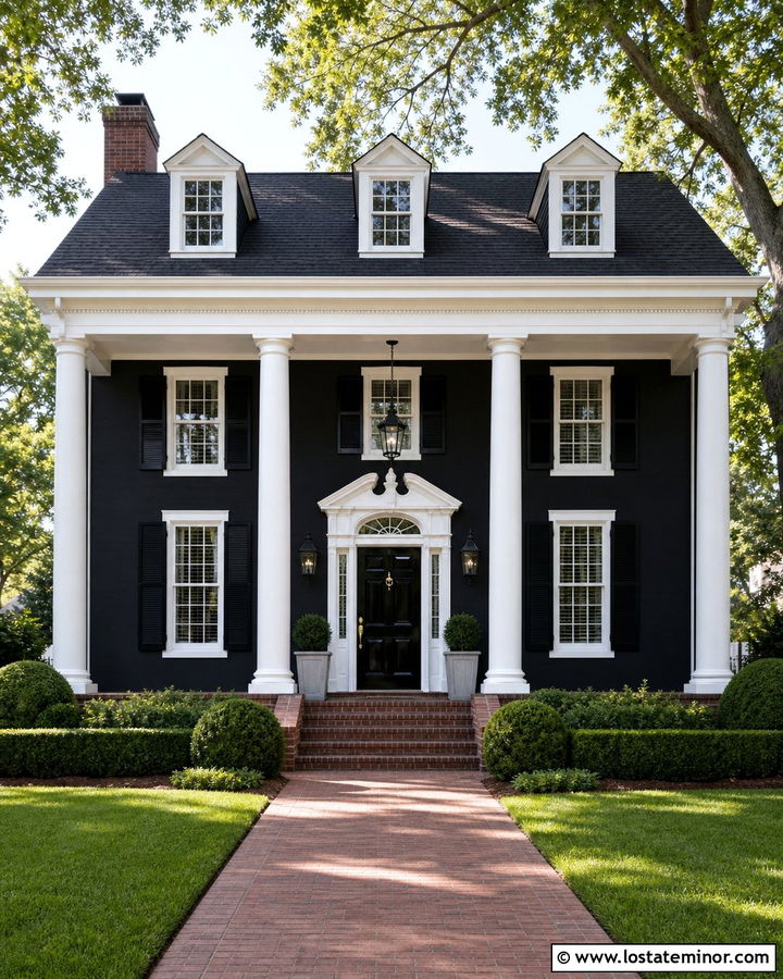 Jet Black Colonial With White Round Porch Columns - 30 Jet Black House Design With Porch Columns Ideas