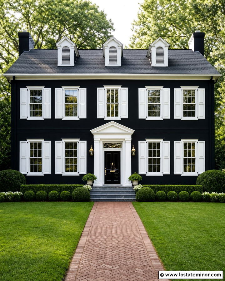 Jet Black Colonial With White Shutters - 30 Jet Black House Design With Shutters Ideas
