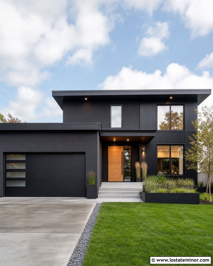 Jet Black Contemporary House With Black Flush Garage Door - 30 Jet Black House Design With Garage Door Ideas