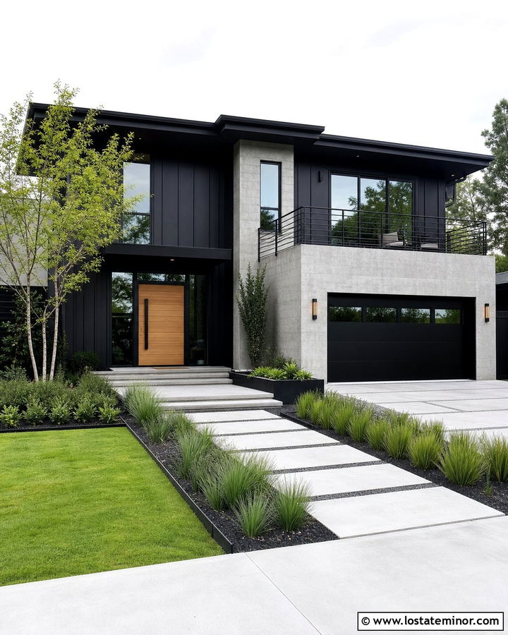 Jet Black Contemporary House With Concrete Accents - 30 Jet Black House Design With Board and Batten Ideas