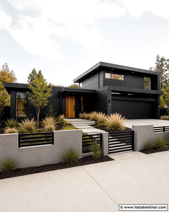 Jet Black Contemporary House With Concrete Fence - 30 Jet Black House Design With Fence Ideas