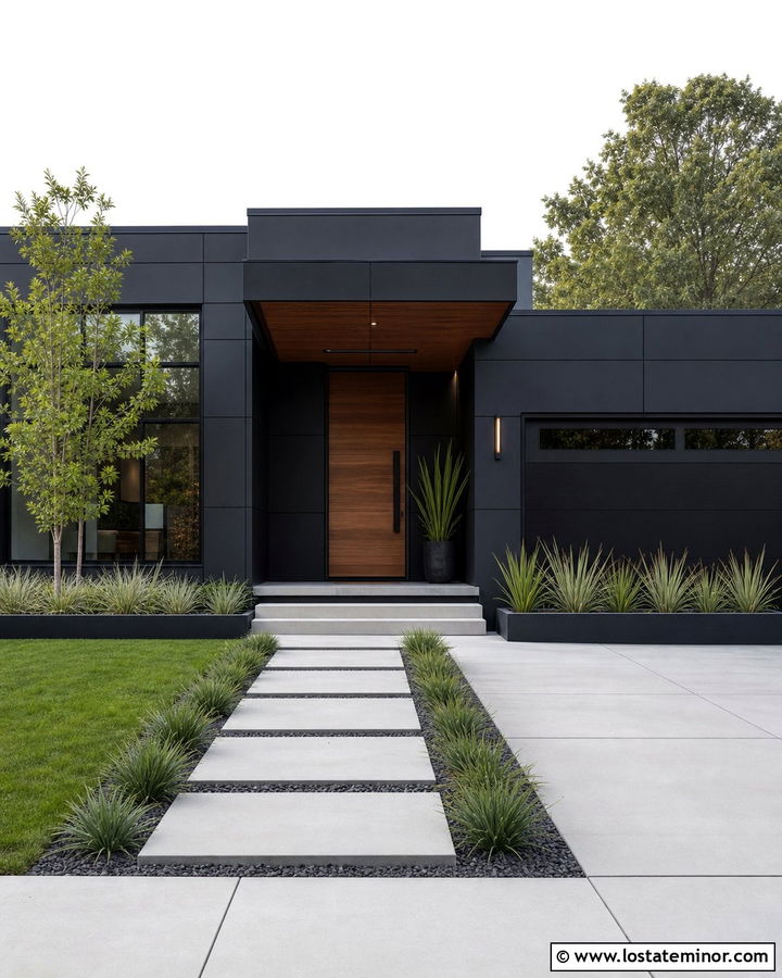 Jet Black Contemporary House With Flat Roof Porch - 30 Jet Black House Design With Front Porch Ideas