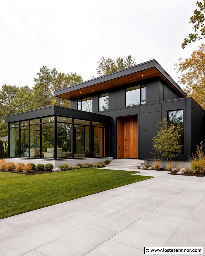 Jet Black Contemporary House With Flat Roof Sunroom - 30 Jet Black House Design With Sunroom Ideas