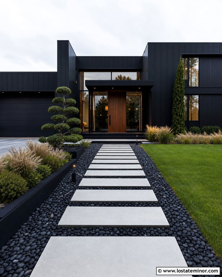 Jet Black Contemporary House With Floating Paver Walkway - 30 Jet Black House Design With Walkway Ideas