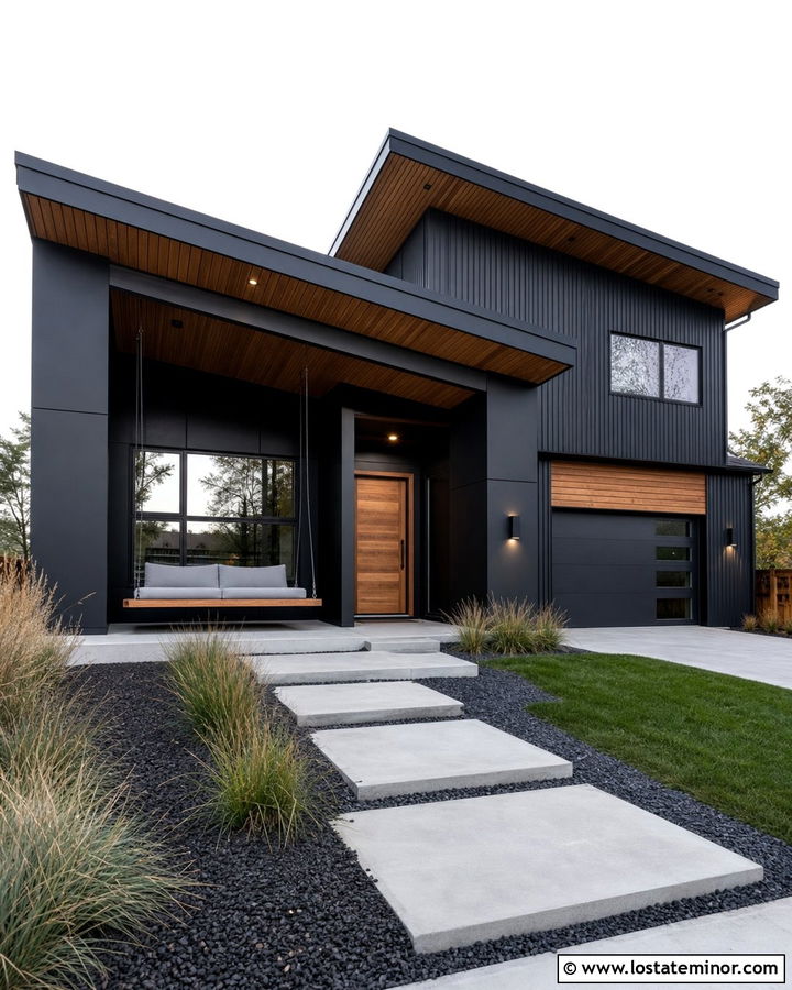 Jet Black Contemporary House With Floating Swing - 30 Jet Black House Design With Swing Ideas