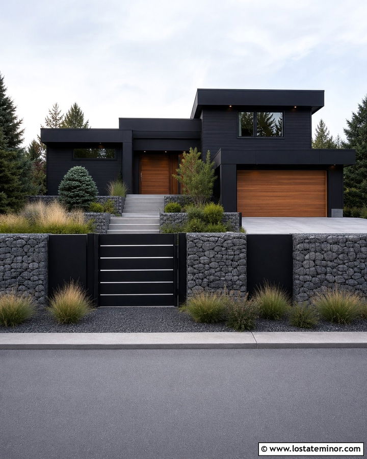 Jet Black Contemporary House With Gabion Fence - 30 Jet Black House Design With Fence Ideas