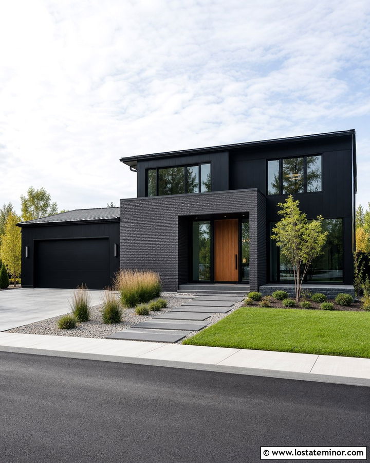 Jet Black Contemporary House With Gray Brick - 30 Jet Black House Design With Brick Accents Ideas