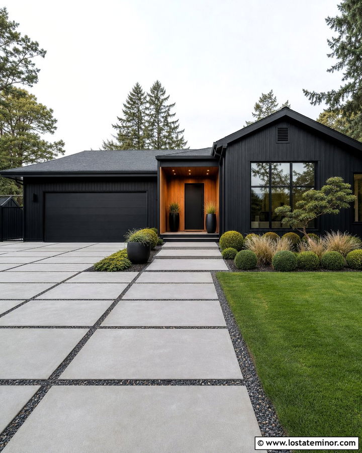 Jet Black Contemporary House With Large Paver Driveway - 30 Jet Black House Design With Driveway Ideas