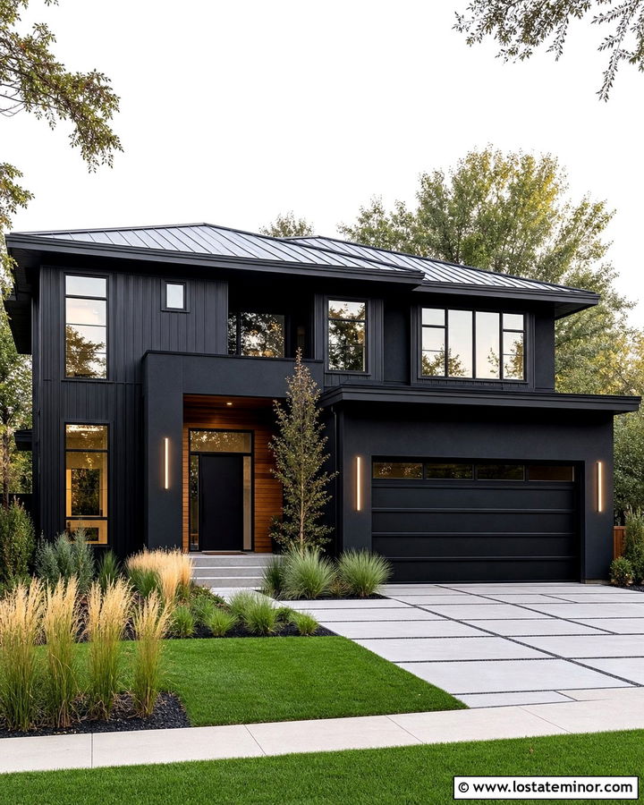 Jet Black Contemporary House With Linear Sconces - 30 Jet Black House Design With Lighting Ideas