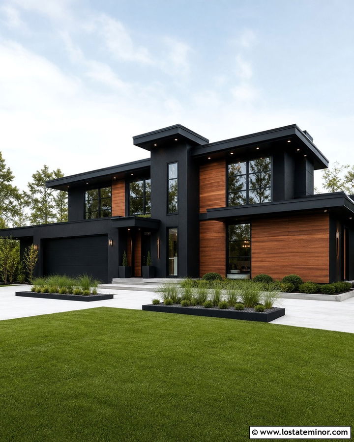 Jet Black Contemporary House With Recessed Soffit Lights - 30 Jet Black House Design With Light Fixtures Ideas