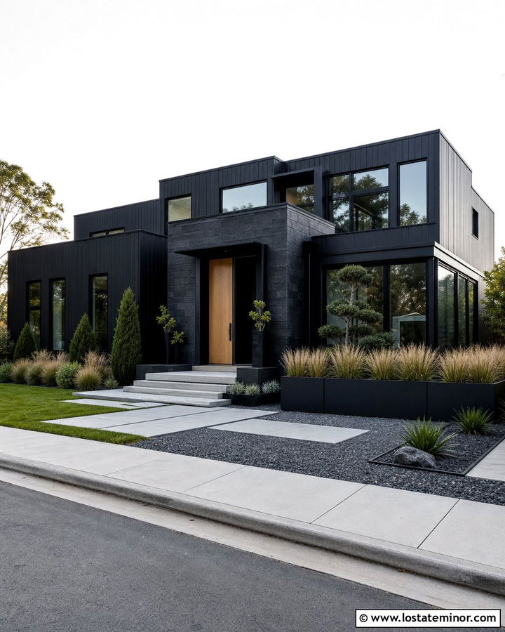 Jet Black Contemporary House With Slate Stone - 30 Jet Black House Design With Stone Accents Ideas
