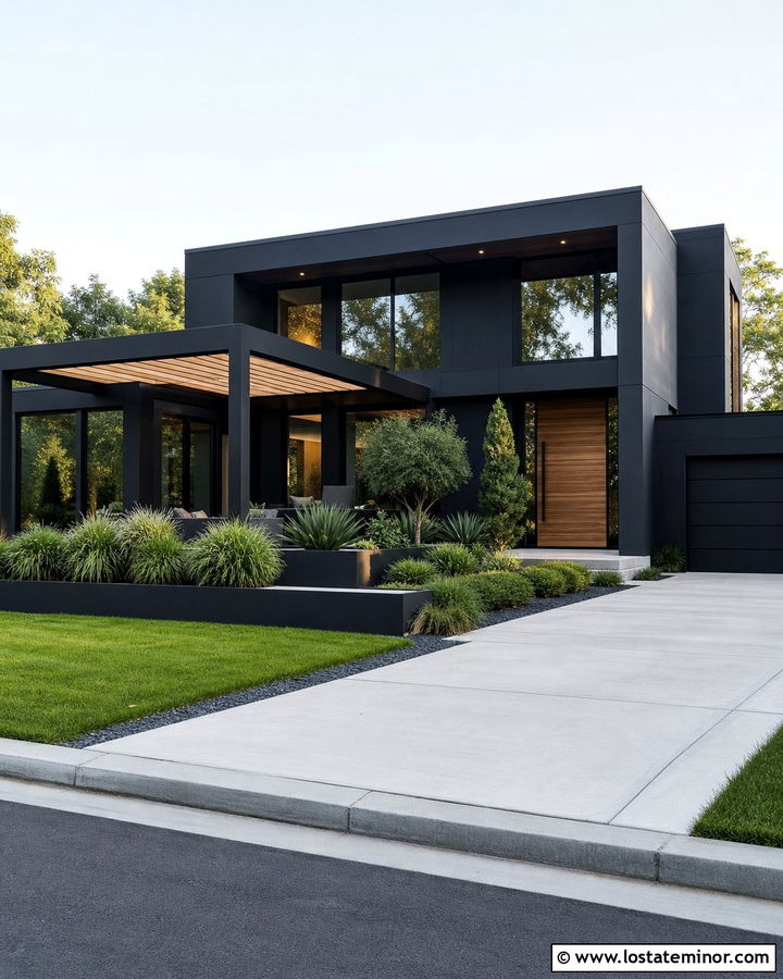Jet Black Contemporary House With Steel Pergola - 30 Jet Black House Design With Pergola Ideas
