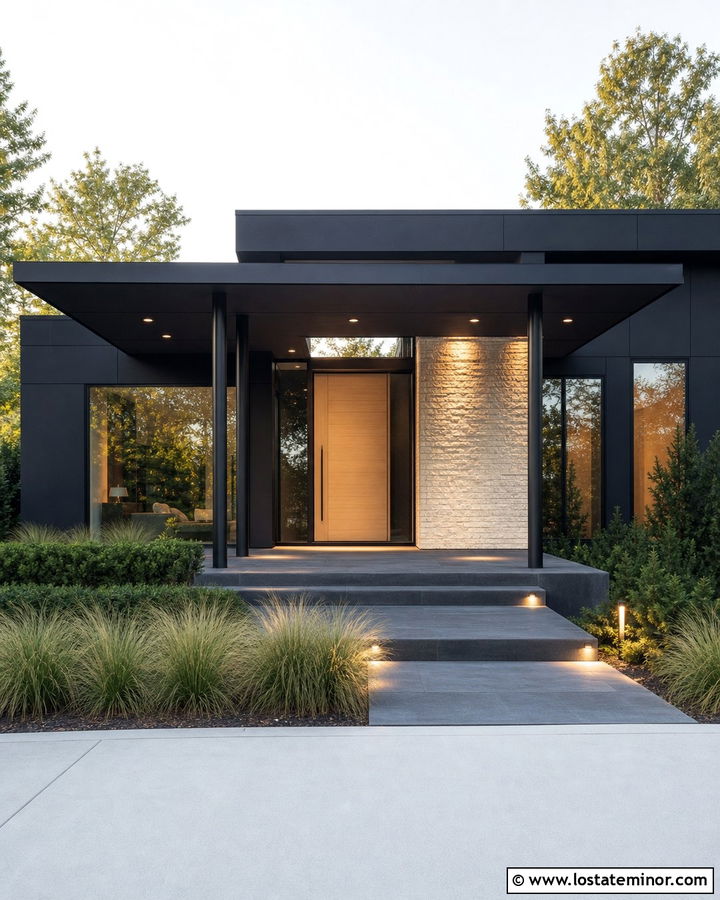 Jet Black Contemporary House With Steel Porch Columns - 30 Jet Black House Design With Porch Columns Ideas