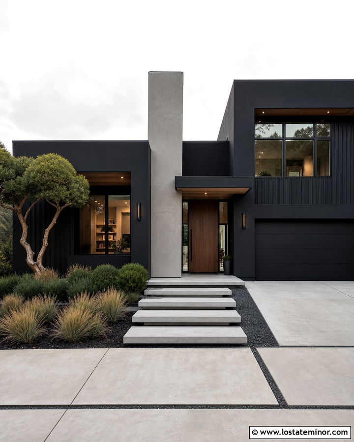 Jet Black Contemporary House With Stucco Chimney - 30 Jet Black House Design With Chimney Ideas