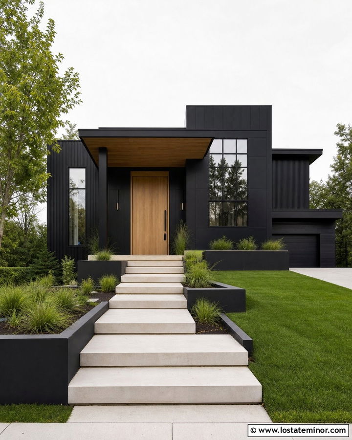 Jet Black Contemporary House With Wide Platform Steps - 30 Jet Black House Design With Steps Ideas