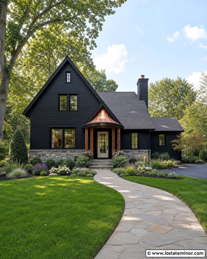 Jet Black Cottage House With Copper Portico - 30 Jet Black House Design With Portico Ideas