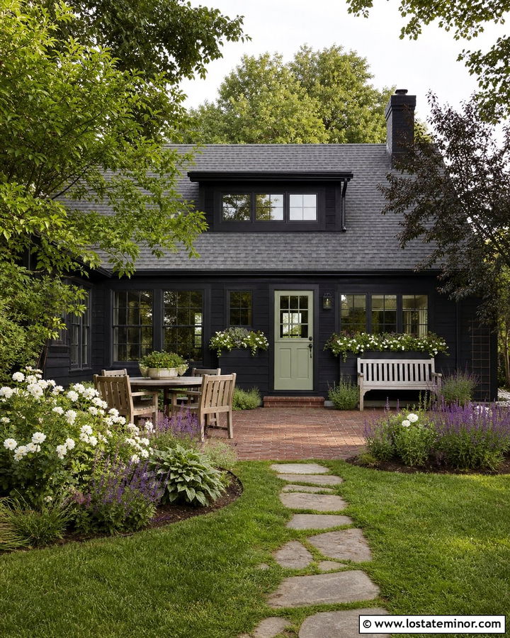 Jet Black Cottage House With Garden Patio - 30 Jet Black House Design With Backyard Ideas