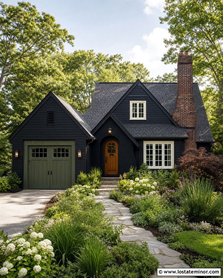 Jet Black Cottage House With Muted Green Garage Door - 30 Jet Black House Design With Garage Door Ideas