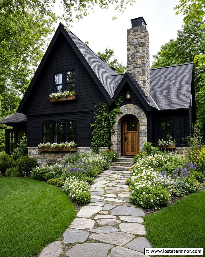 Jet Black Cottage House With Rubble Stone - 30 Jet Black House Design With Stone Accents Ideas