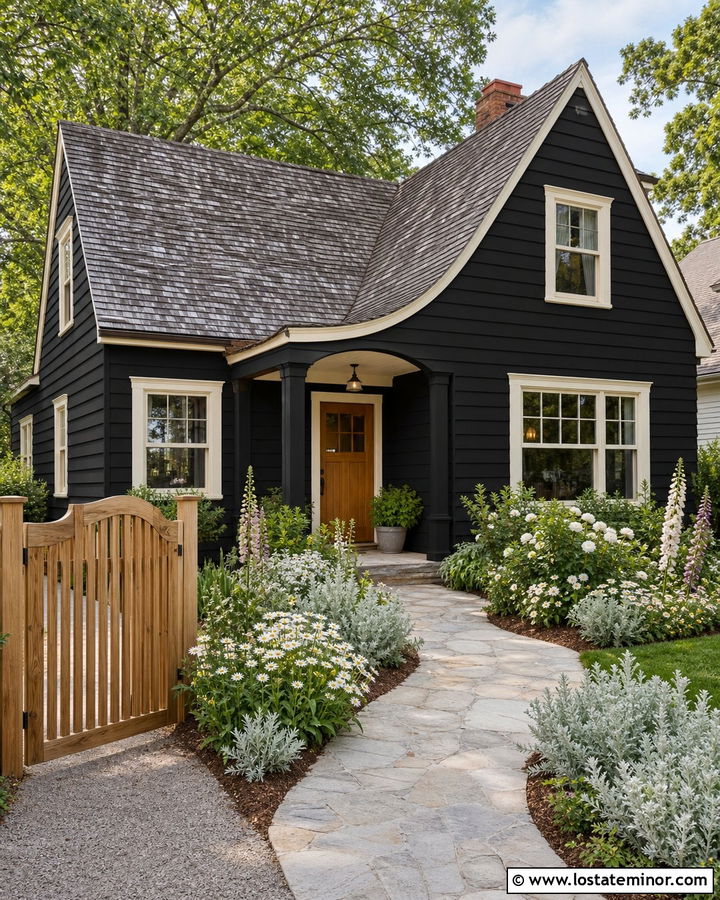Jet Black Cottage House With White Flower Borders - 30 Jet Black House Design With Landscaping Ideas