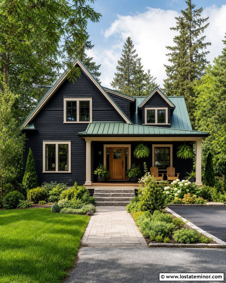 Jet Black Cottage Siding With Green Metal Roof - 30 Jet Black House Design With Siding Ideas