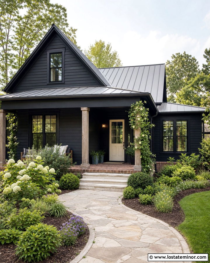 Jet Black Cottage With Brick Floor Porch - 30 Jet Black House Design With Front Porch Ideas