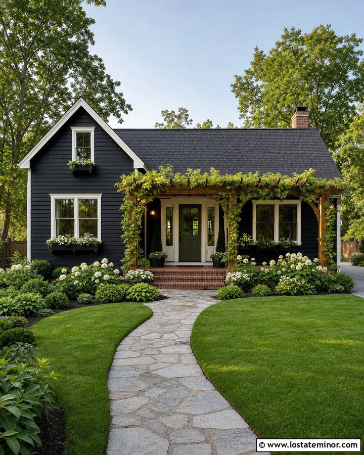 Jet Black Cottage With Climbing Vine Pergola - 30 Jet Black House Design With Pergola Ideas