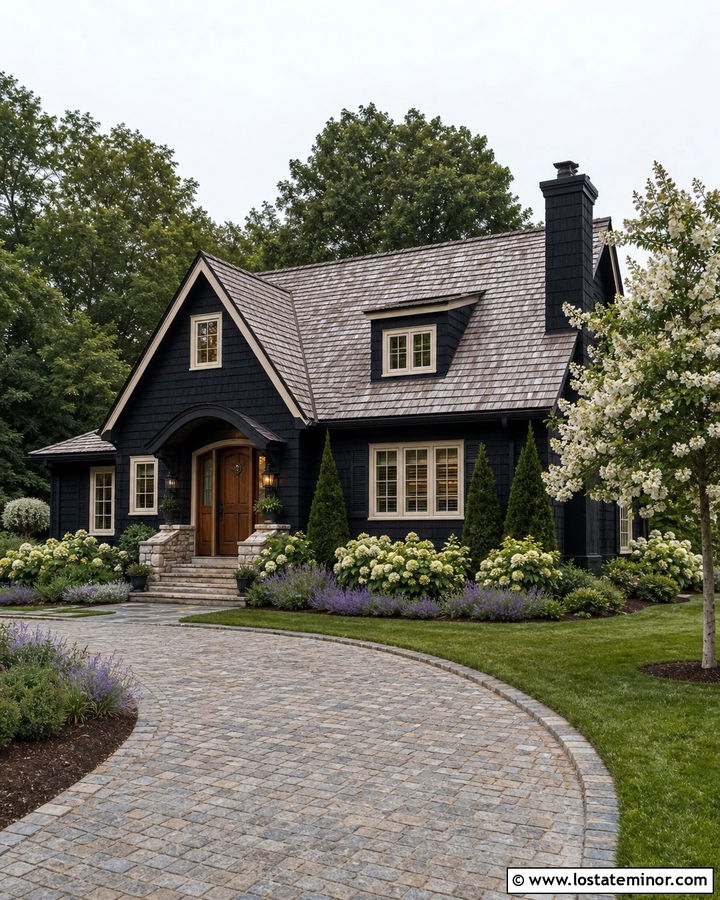 Jet Black Cottage With Cobblestone Driveway - 30 Jet Black House Design With Driveway Ideas
