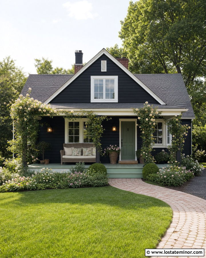 Jet Black Cottage With Floral Porch Daybed - 30 Jet Black House Design With Daybed Ideas