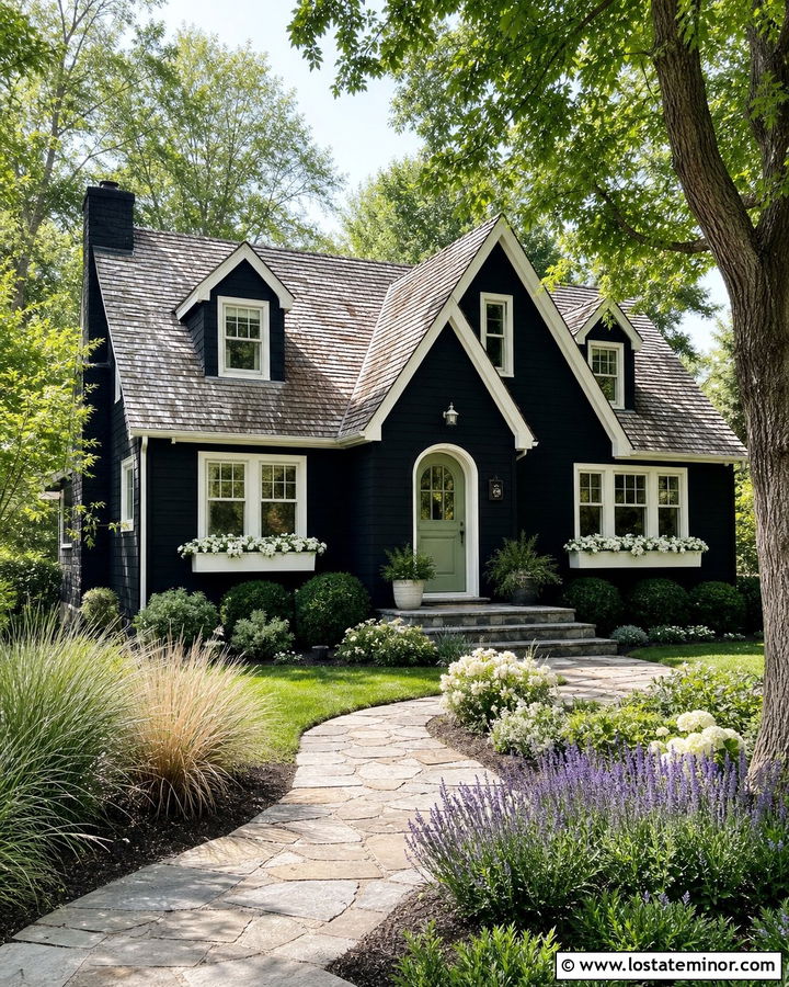 Jet Black Cottage With Garden Walkway - 30 Jet Black House Design With Walkway Ideas