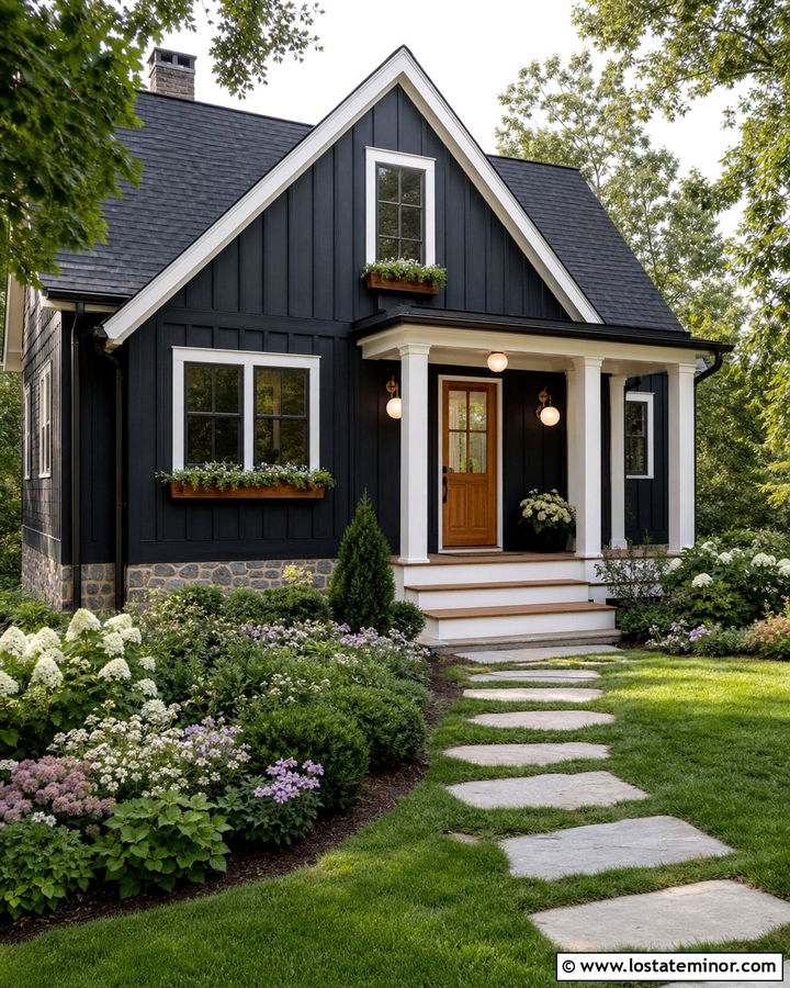 Jet Black Cottage With Globe Light Fixtures - 30 Jet Black House Design With Light Fixtures Ideas