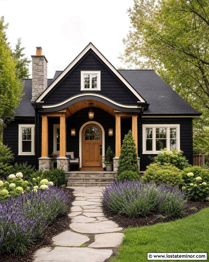 Jet Black Cottage With Natural Oak Porch Columns - 30 Jet Black House Design With Porch Columns Ideas