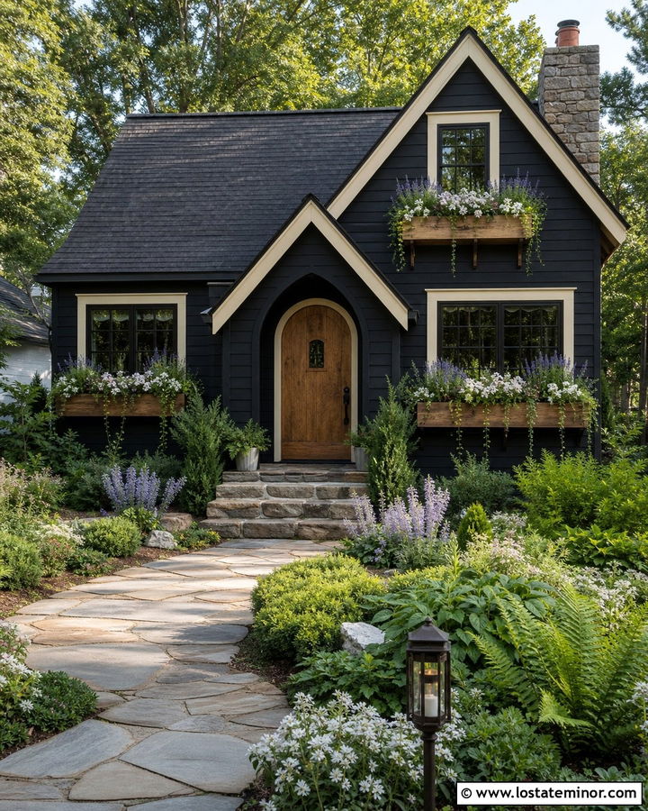 Jet Black Cottage With Natural Wood Window Boxes - 30 Jet Black House Design With Window Boxes Ideas