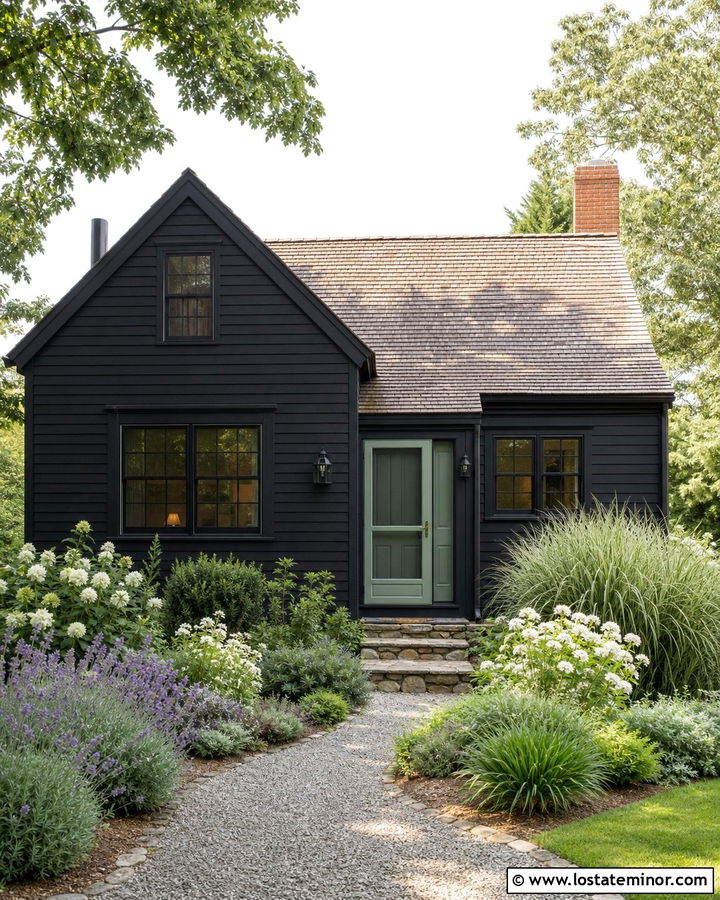 Jet Black Cottage With Sage Green Door And Storm Door - 30 Jet Black House Design With Storm Door Ideas