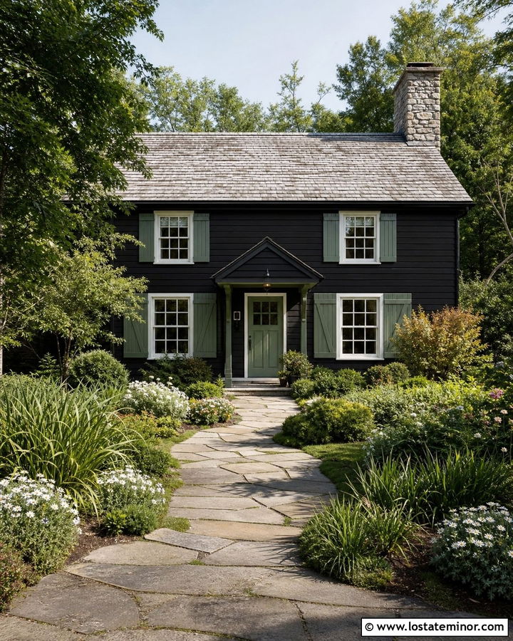 Jet Black Cottage With Sage Green Shutters - 30 Jet Black House Design With Shutters Ideas