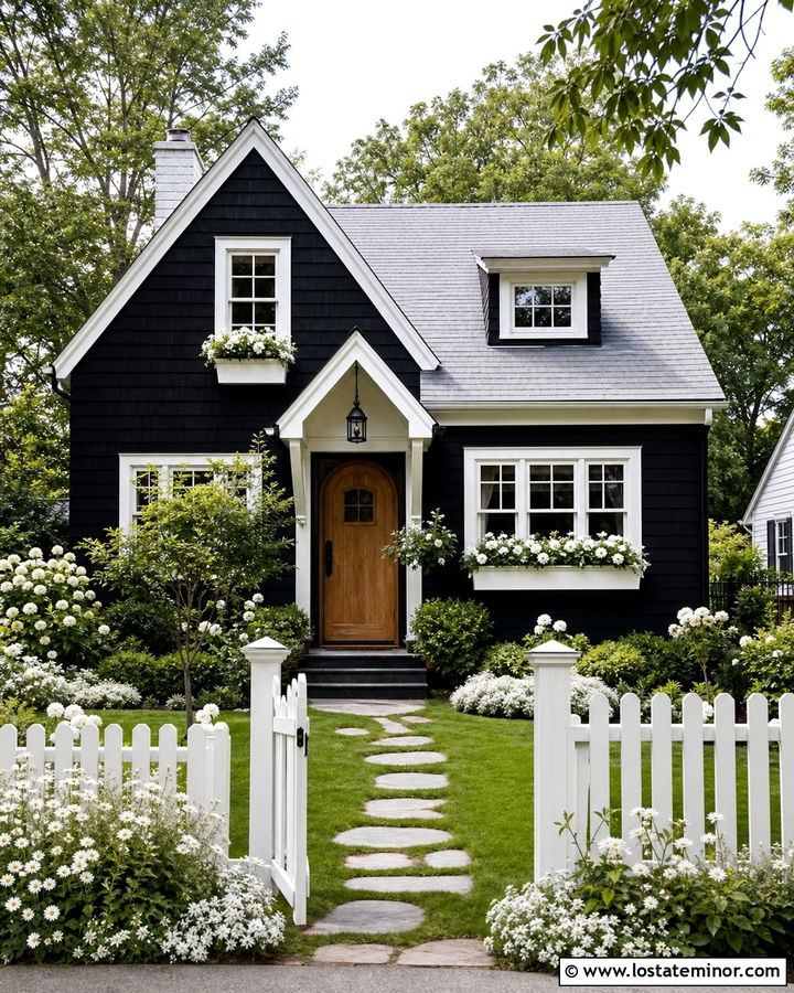 Jet Black Cottage With White Flower Front Yard - 30 Jet Black House Design With Front Yard Ideas