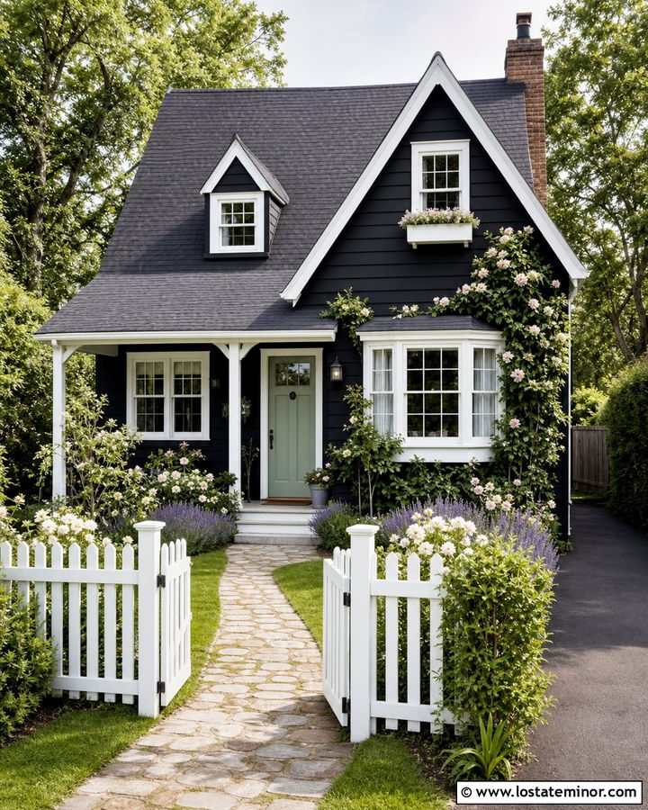 Jet Black Cottage With White Picket Fence - 30 Jet Black House Design With Fence Ideas