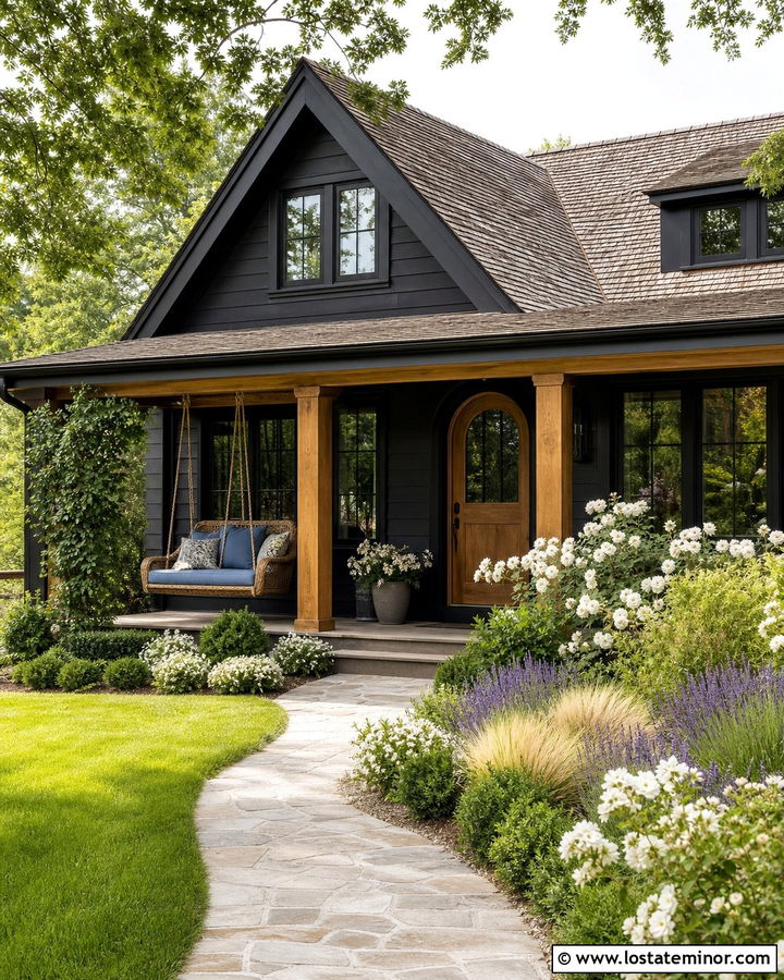Jet Black Cottage With Wicker Porch Swing - 30 Jet Black House Design With Swing Ideas
