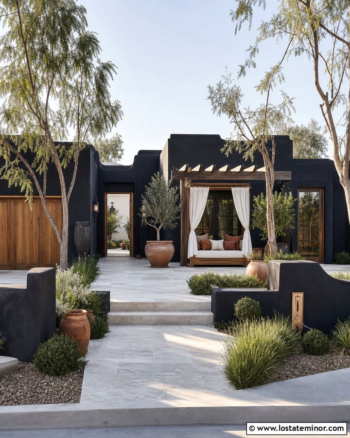 Jet Black Courtyard House With Canopied Daybed - 30 Jet Black House Design With Daybed Ideas