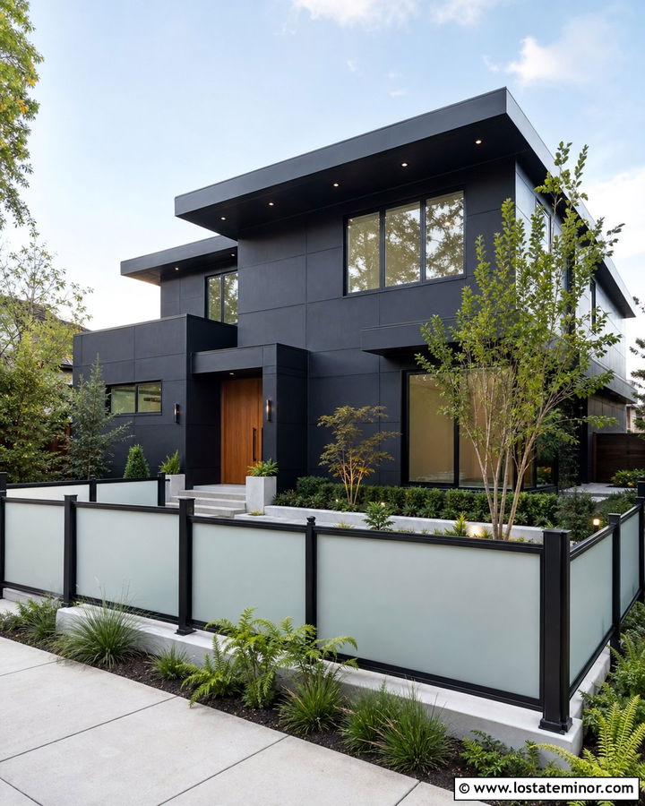 Jet Black Courtyard House With Glass Fence - 30 Jet Black House Design With Fence Ideas